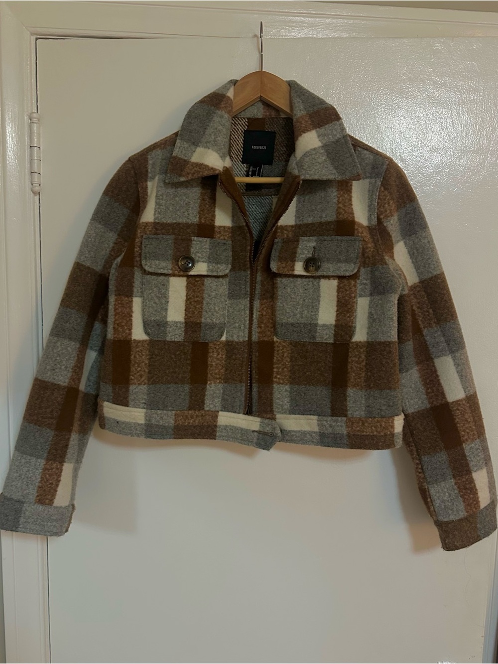 Brown & Gray Plaid Cropped Wool-Blend Jacket